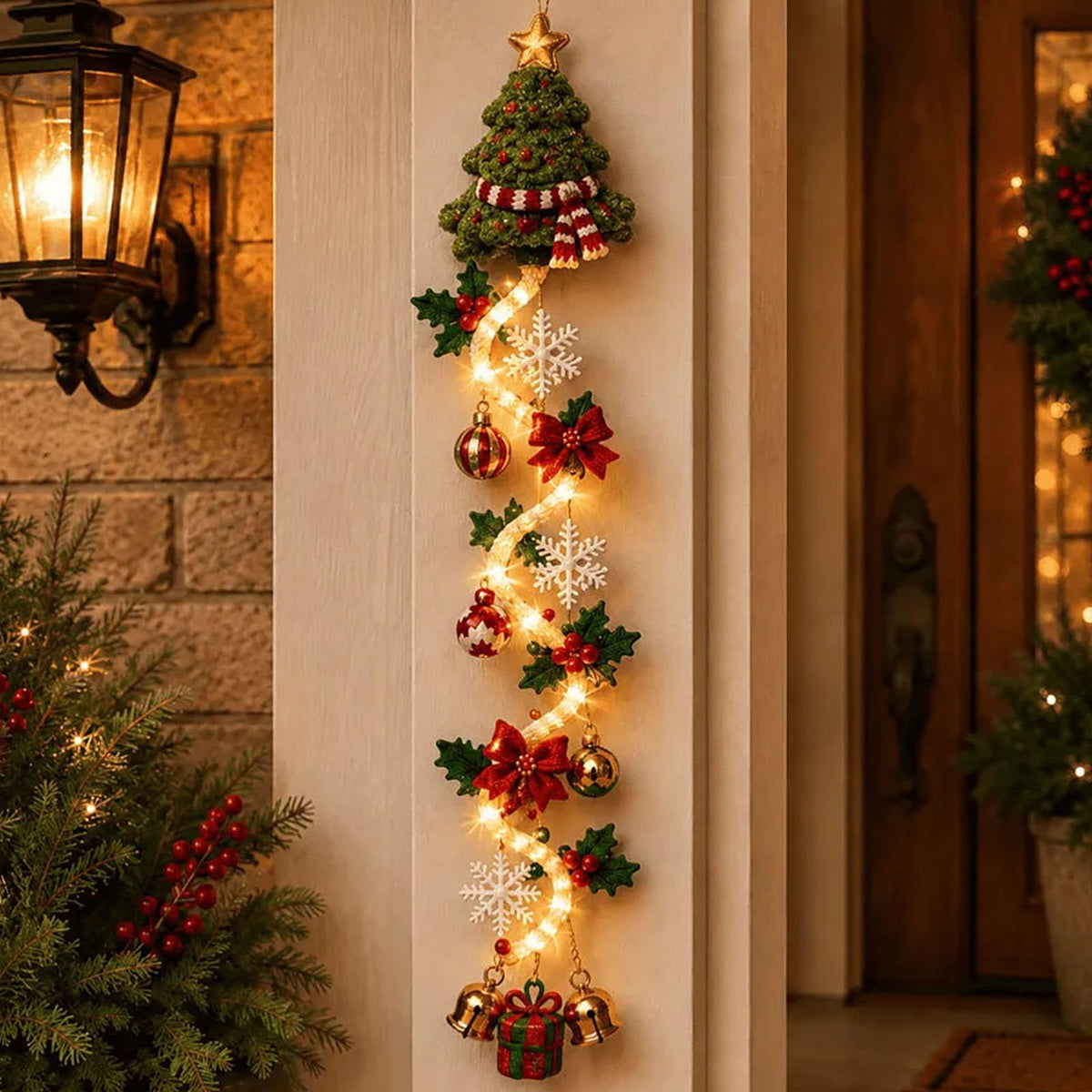 MerryCascade Glowing Christmas Door Hanger with Lights, Festive Dimensional Details, Space-Saving Vertical Decor for Window, Wall & Mantel(red)