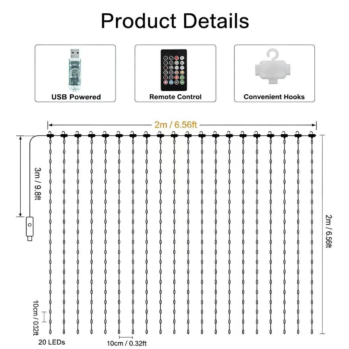 2M*2M Smart LED Curtain Lights – App & Remote Control, Music Sync, 400 LEDs, Festive Patterns & Timer, USB Waterproof Fairy Lights for Balcony, Party & Christmas Decor(Rainbow)