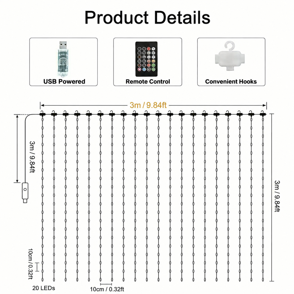 2M*2M Smart LED Curtain Lights – App & Remote Control, Music Sync, 400 LEDs, Festive Patterns & Timer, USB Waterproof Fairy Lights for Balcony, Party & Christmas Decor(Rainbow)