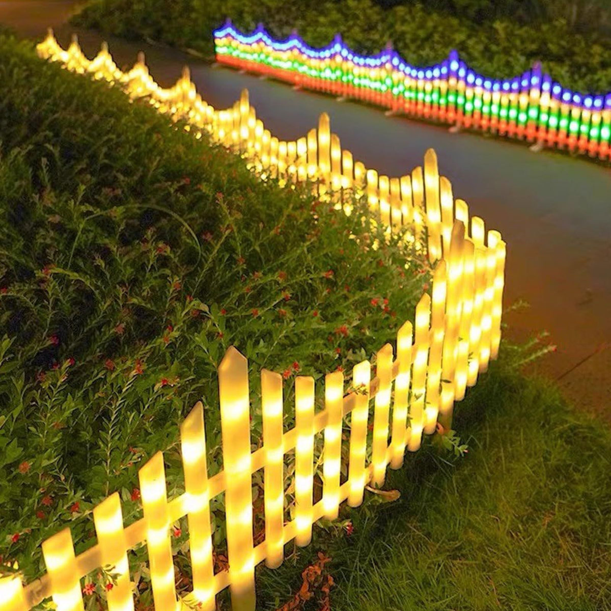 Solar LED White Picket Fence Lights 13.7" H x 11.2'L
Solar Powered Garden Border Decor Fence with Remote Control for Outdoor Yard Landscape(Warm light,110in(Warm)
