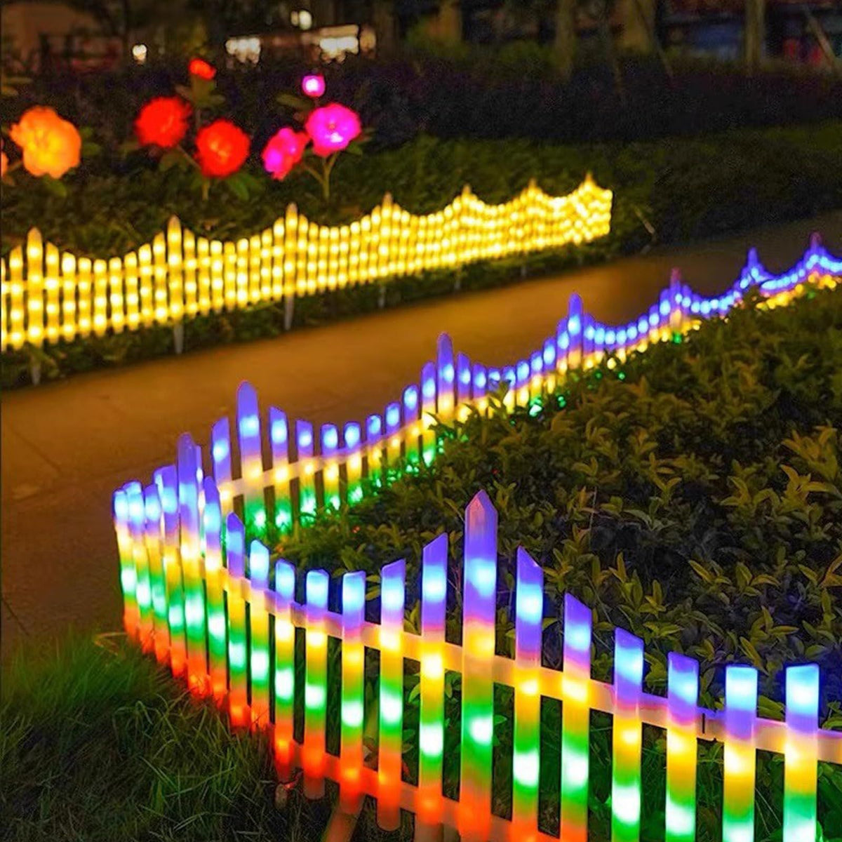Solar LED White Picket Fence Lights 13.7" H x 11.2'L
Solar Powered Garden Border Decor Fence with Remote Control for Outdoor Yard Landscape(Warm light,110in(Warm)