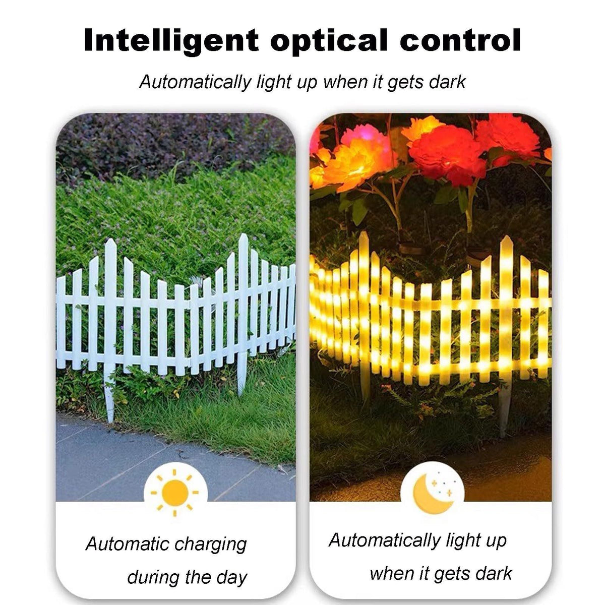 Solar LED White Picket Fence Lights 13.7" H x 11.2'L
Solar Powered Garden Border Decor Fence with Remote Control for Outdoor Yard Landscape(Warm light,110in(Rainbow)
