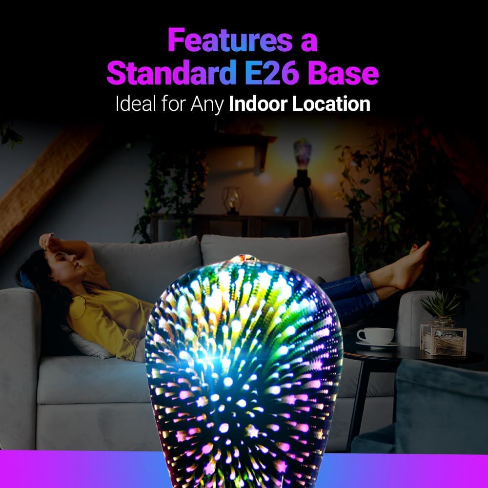 4Pack Infinity 3D Fireworks Effect ST64 LED Light - 3W 120V Fairy Multicolor Disco Party Bulb, Stain Glass Colorful Firework Light(Purple)