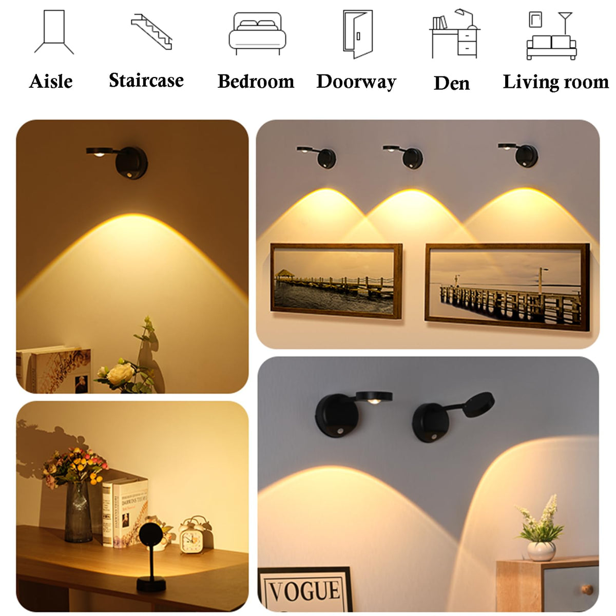 3-Pack Rechargeable LED Wall Spotlight for Art – Wireless Motion Sensor Picture Light with Remote, 3 Color Temperatures, Dimmable & Adjustable Head, No Wiring Needed (White)