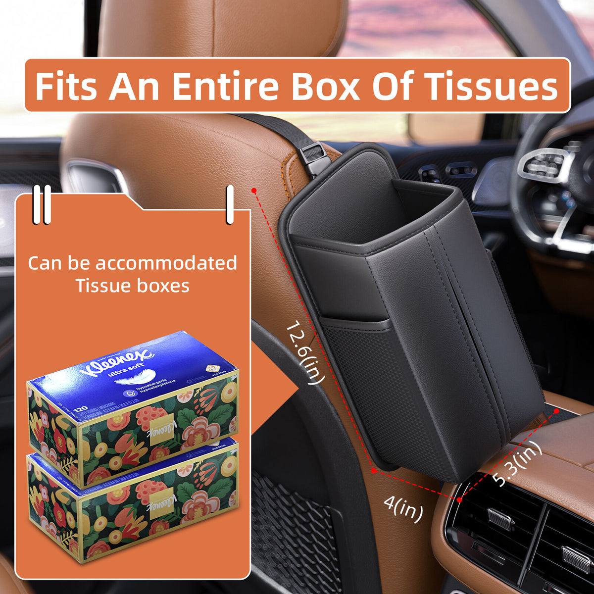 Car Seat Storage Organizer: Side-Mount Tissue Holder with Mesh Pockets – Waterproof Cup/Wallet Organizer for Cars/SUVs (Black)