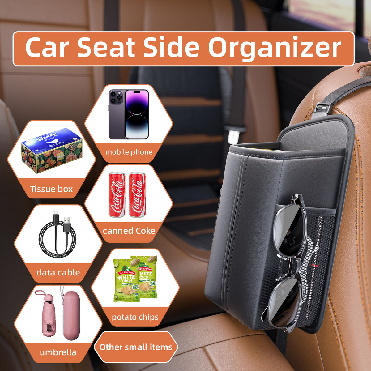 Car Seat Storage Organizer: Side-Mount Tissue Holder with Mesh Pockets – Waterproof Cup/Wallet Organizer for Cars/SUVs (Black)