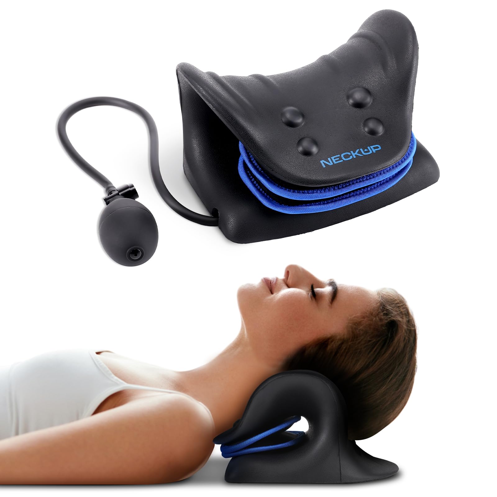 Adjustable Airbag Neck Stretcher โ Ergonomic Cervical Traction Pillow with 8 Massage Points for Neck Pain Relief, Portable Spinal Alignment Device for Home, Office, and Travel Use (Black)