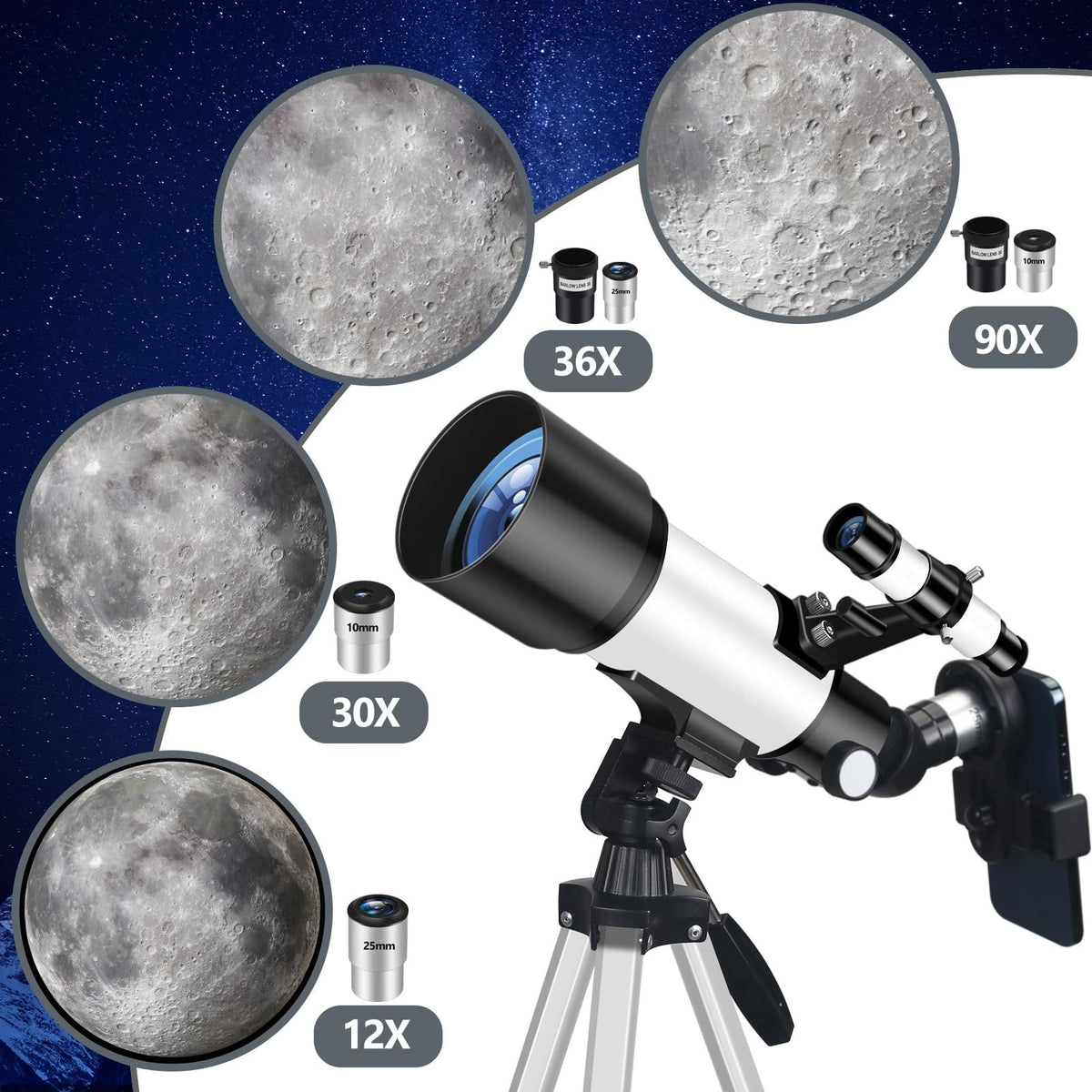 Telescope for Adult, 70mm Aperture 400mm Portable Telescope with Tripod, Finder Scope, Phone Adapter, Carrying Bag, Astronomical Refractors Telescopes for Kids Beginners Adults(White)