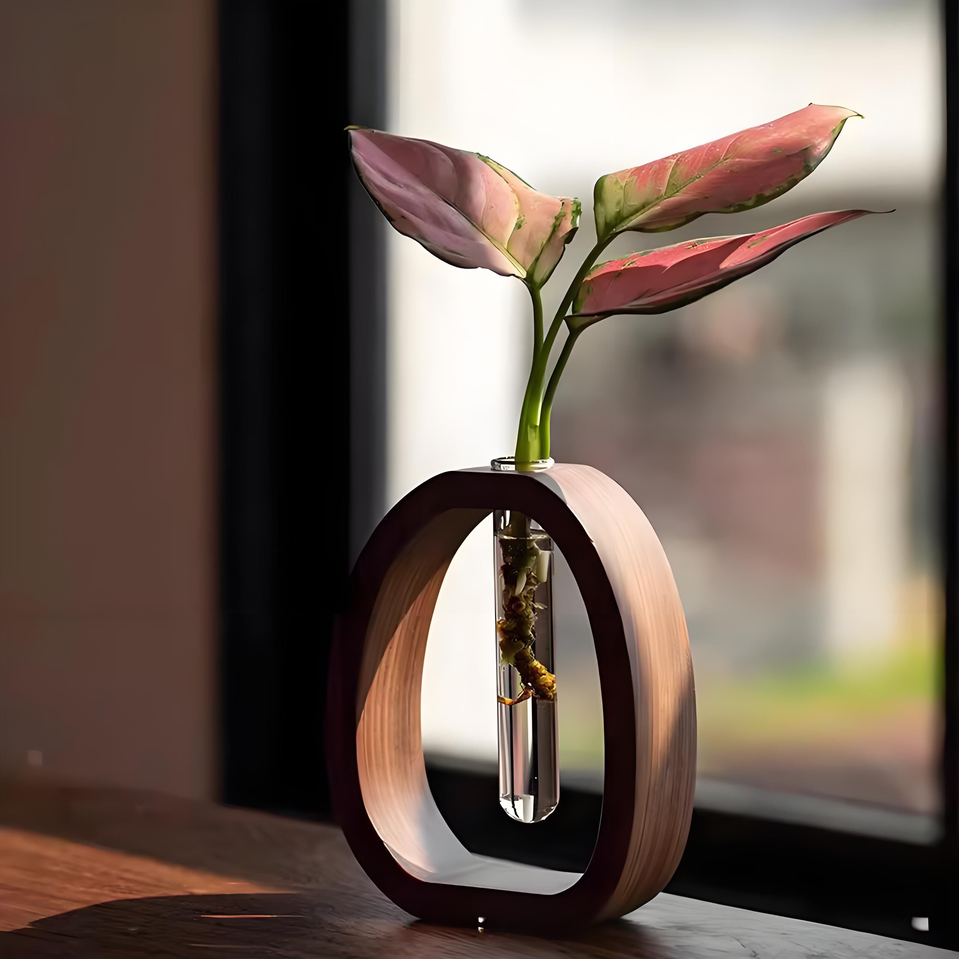 Wooden Glass Hydroponic Vase – Minimalist Desktop Flower Vase for Water Plants & Blooms (9.5cm) | Other Sizes Available in Store
