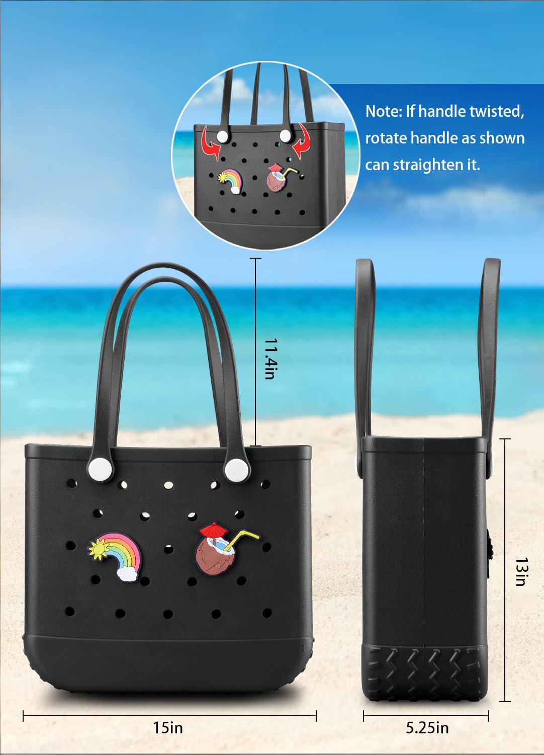 EVA Beach Tote Bag for Swimming, Pool & Travel β Waterproof Washable Rubber Handbag with 2 Random Charms, Lightweight & Sand-Resistant (Black) | Other Colors Available in Store
