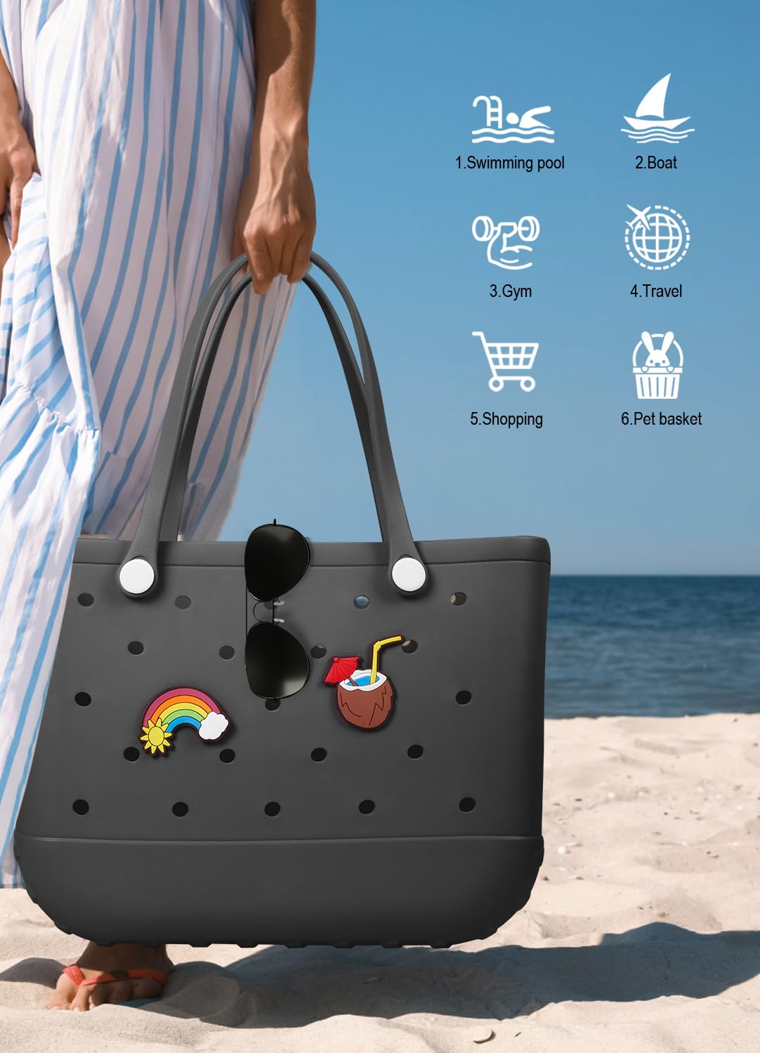 EVA Beach Tote Bag for Swimming, Pool & Travel – Waterproof Washable Rubber Handbag with 2 Random Charms, Lightweight & Sand-Resistant (Black) | Other Colors Available in Store