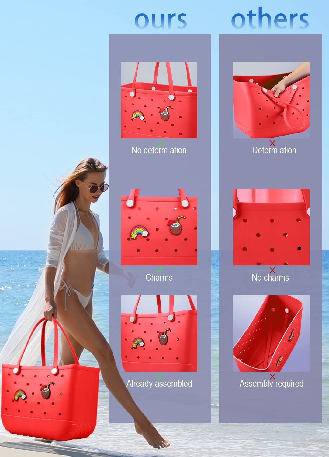 EVA Beach Tote Bag for Swimming, Pool & Travel – Waterproof Washable Rubber Handbag with 2 Random Charms, Lightweight & Sand-Resistant (Red) | Other Colors Available in Store