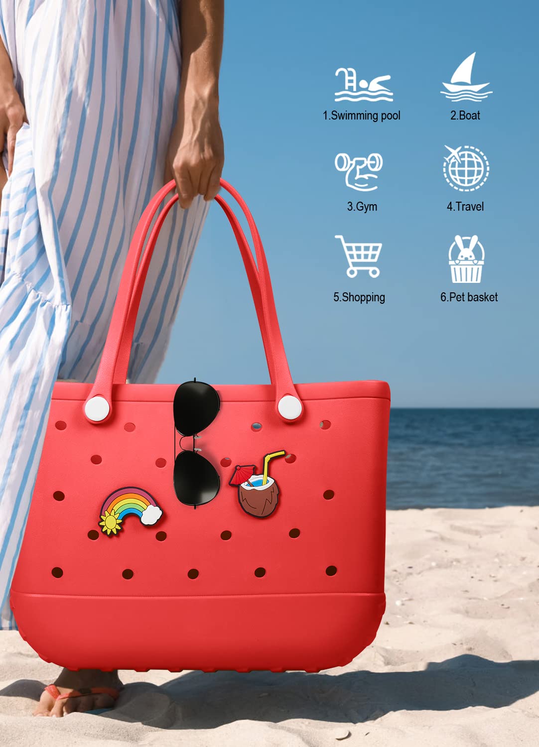 EVA Beach Tote Bag for Swimming, Pool & Travel – Waterproof Washable Rubber Handbag with 2 Random Charms, Lightweight & Sand-Resistant (Red) | Other Colors Available in Store