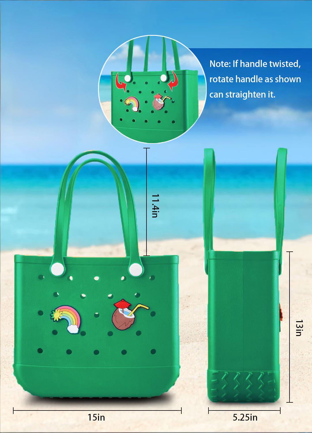 EVA Beach Tote Bag for Swimming, Pool & Travel β Waterproof Washable Rubber Handbag with 2 Random Charms, Lightweight & Sand-Resistant (Green) | Other Colors Available in Store