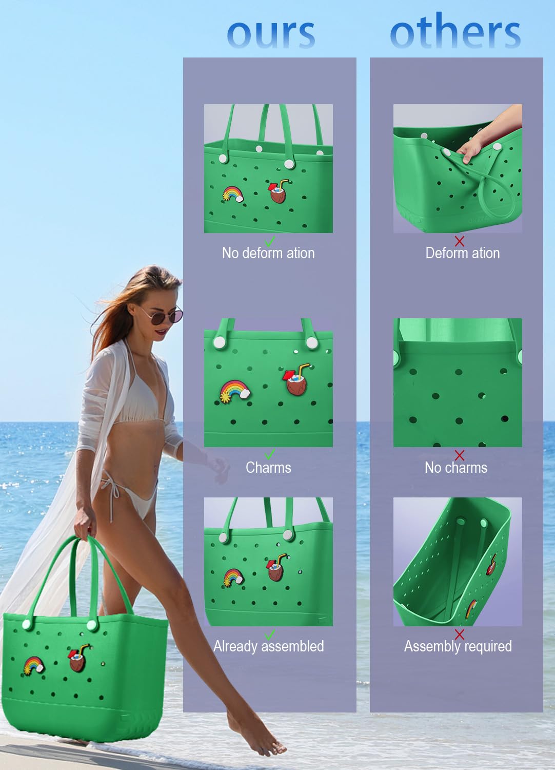 EVA Beach Tote Bag for Swimming, Pool & Travel – Waterproof Washable Rubber Handbag with 2 Random Charms, Lightweight & Sand-Resistant (Green) | Other Colors Available in Store