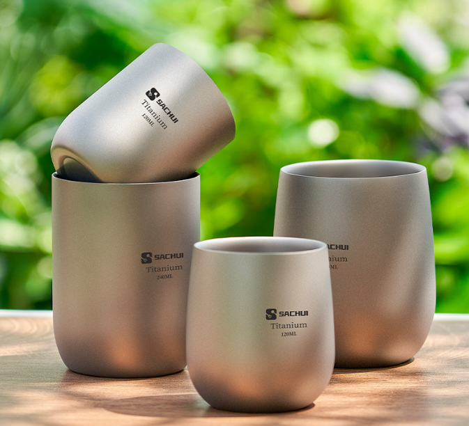 4-Piece Pure Titanium Cup Set – Double-Walled, Lightweight, Stackable Outdoor Drinking Cups for Camping, Hiking, Travel and Office Use (Gray)