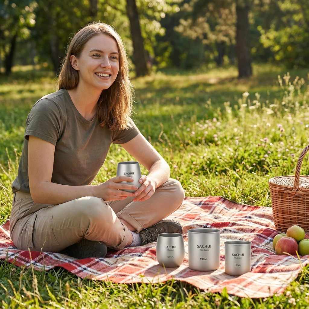 4-Piece Pure Titanium Cup Set – Double-Walled, Lightweight, Stackable Outdoor Drinking Cups for Camping, Hiking, Travel and Office Use (Gray)