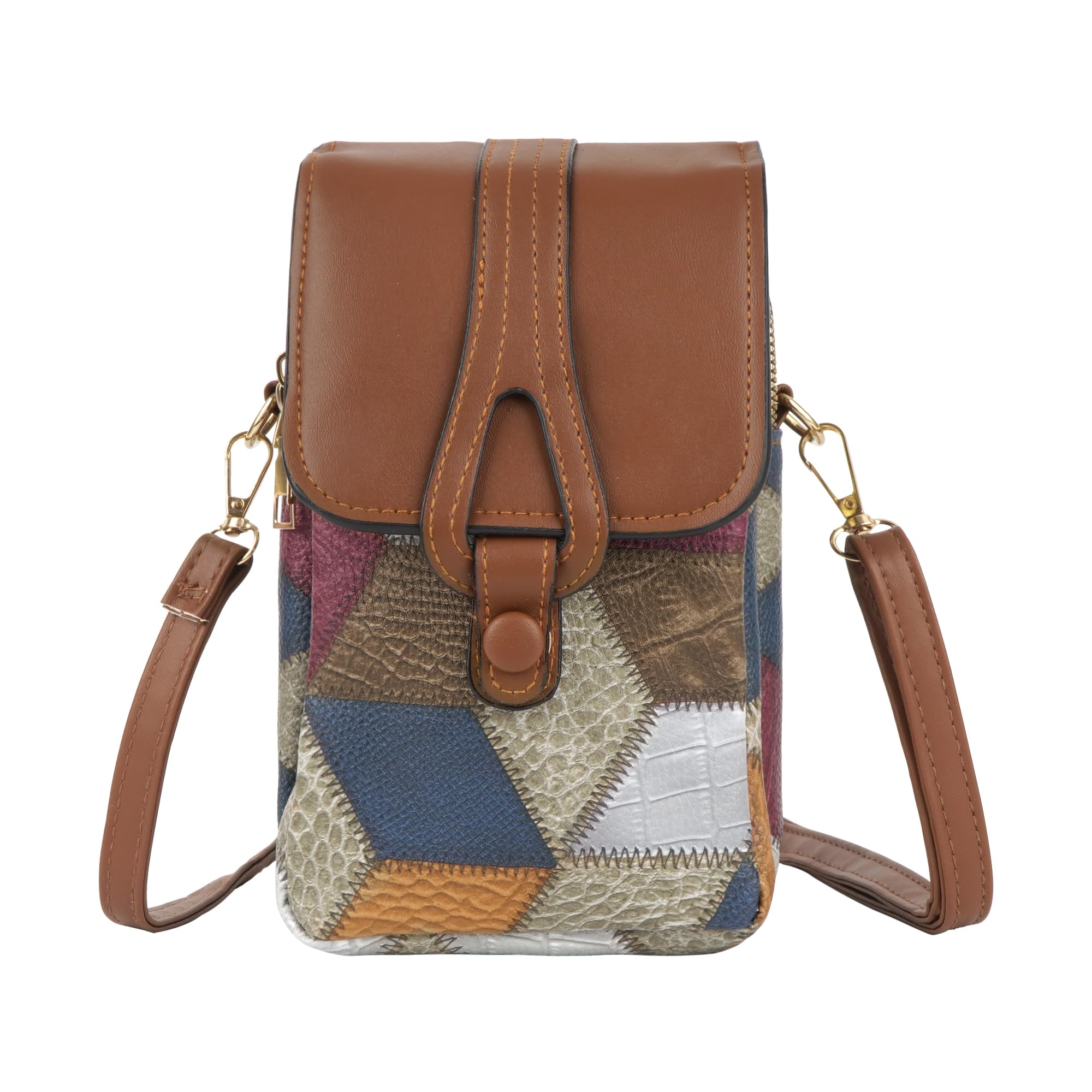 Color-Block Diamond Pattern PU Leather Crossbody Phone Bag β Retro Mini Wallet with Adjustable Strap & Dual Zipper Closure (Brown)