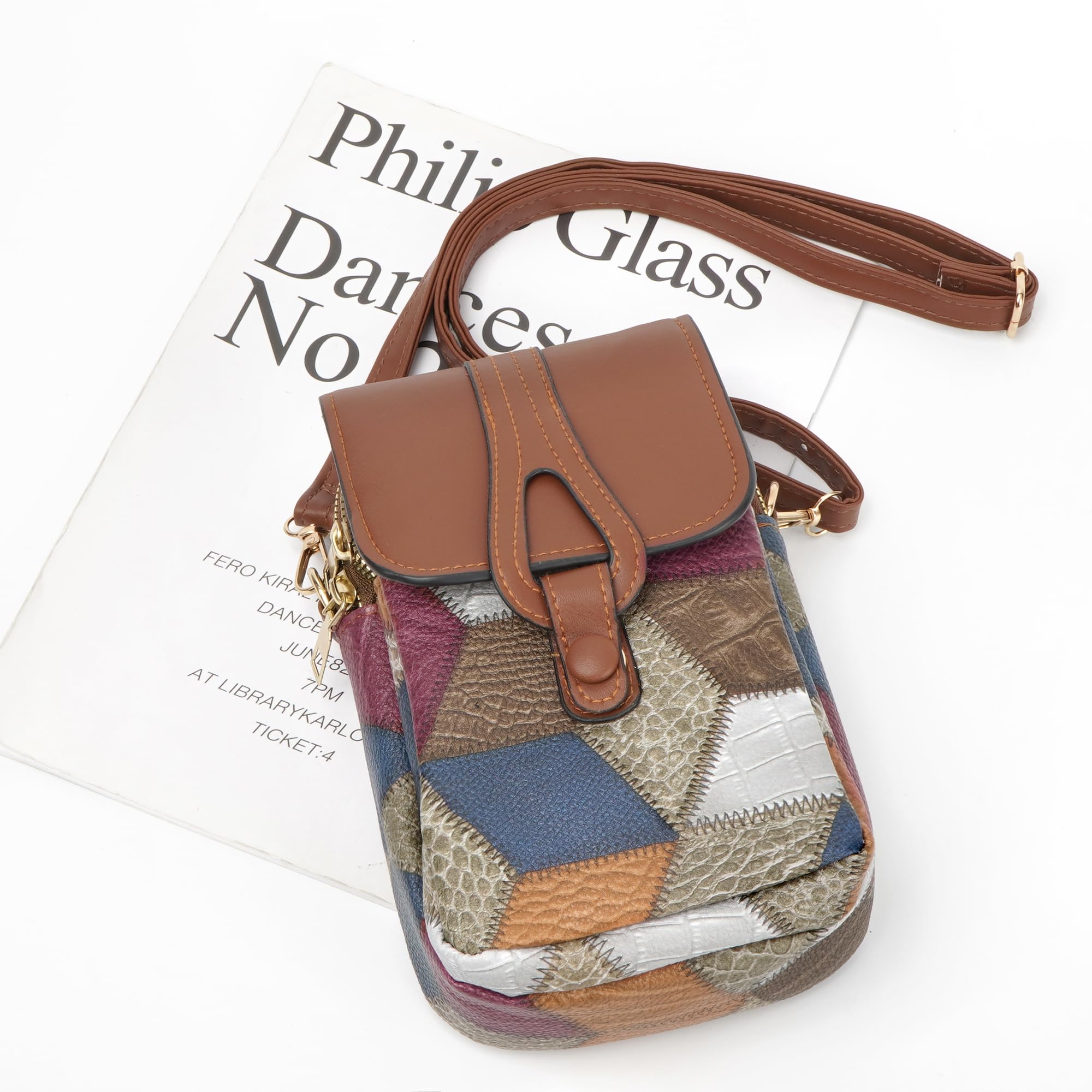 Color-Block Diamond Pattern PU Leather Crossbody Phone Bag β Retro Mini Wallet with Adjustable Strap & Dual Zipper Closure (Brown)