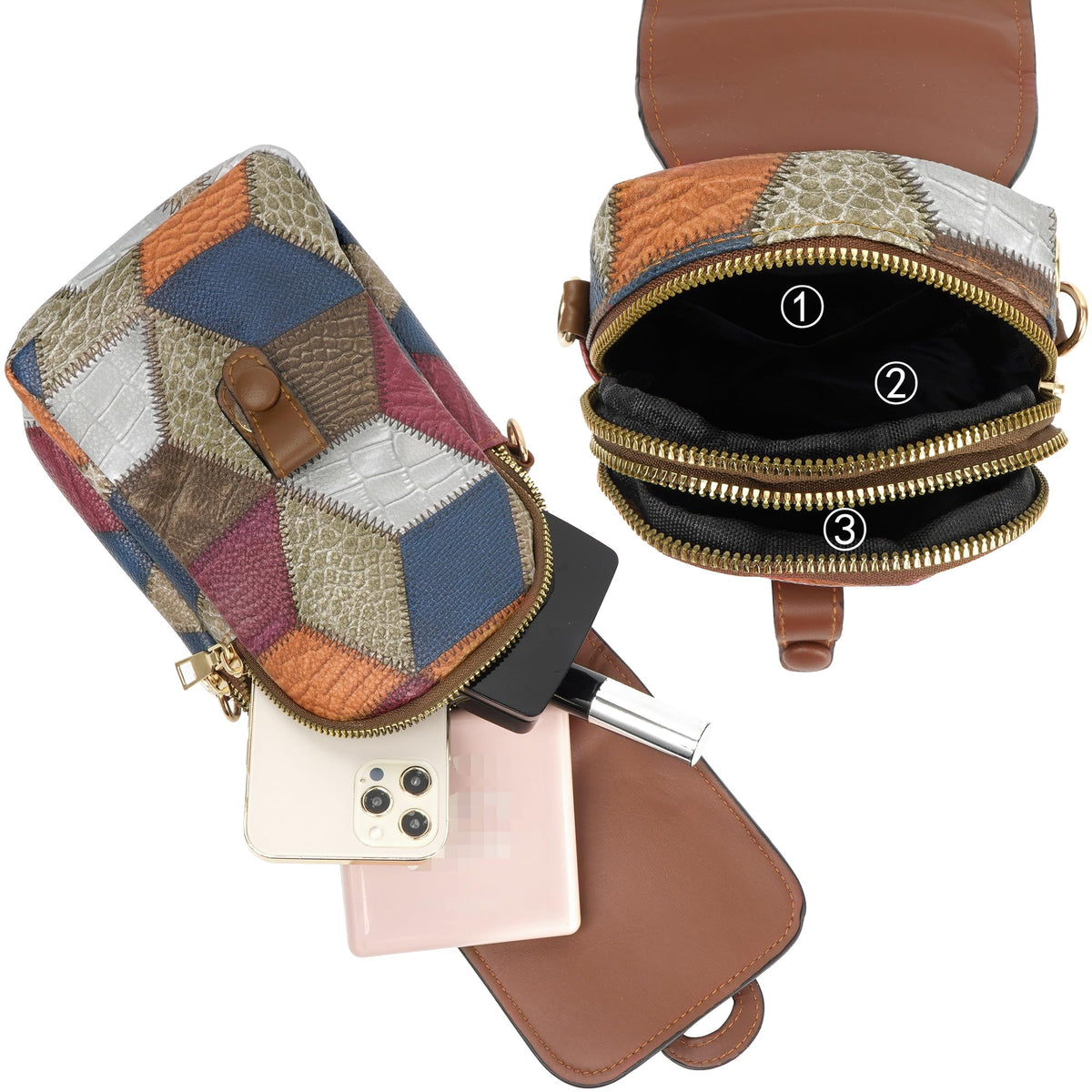 Color-Block Diamond Pattern PU Leather Crossbody Phone Bag – Retro Mini Wallet with Adjustable Strap & Dual Zipper Closure (Brown)