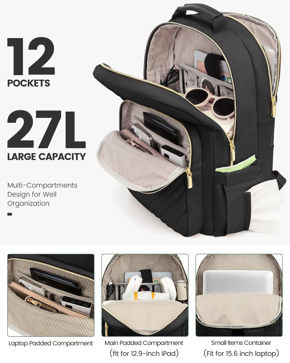 Stylish Laptop Backpack for Women – Large Capacity 27L Computer Bag with 15.6 Inch Compartment, USB Charging Port & 16 Pockets – Ideal for College, Work & Travel (Black)