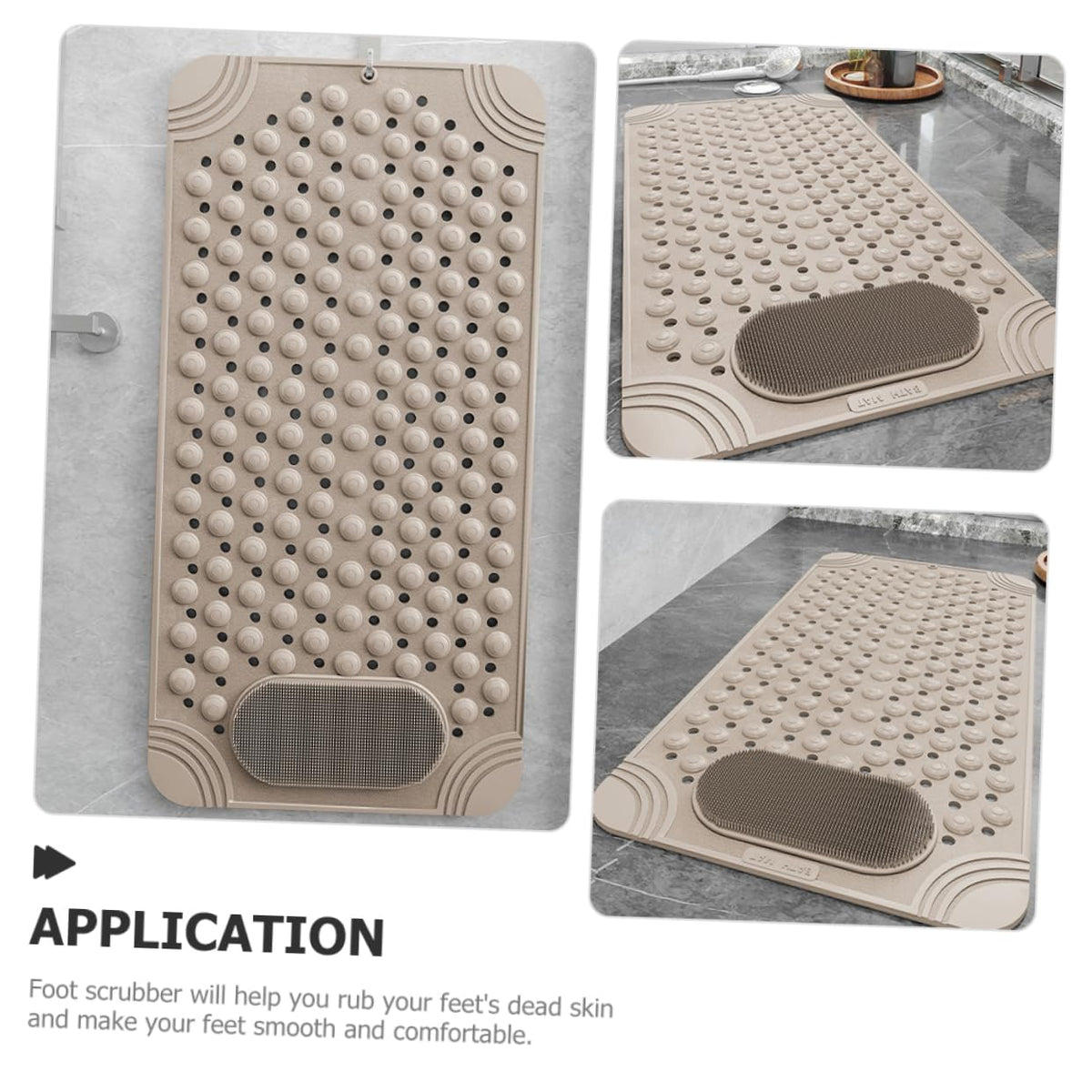 Non-Slip Bath Mat with Foot Scrubber – 80 x 80 cm, Anti-Skid Suction Cups & Drain Holes, Waterproof Shower Floor Pad with Exfoliating Brush(Grey)