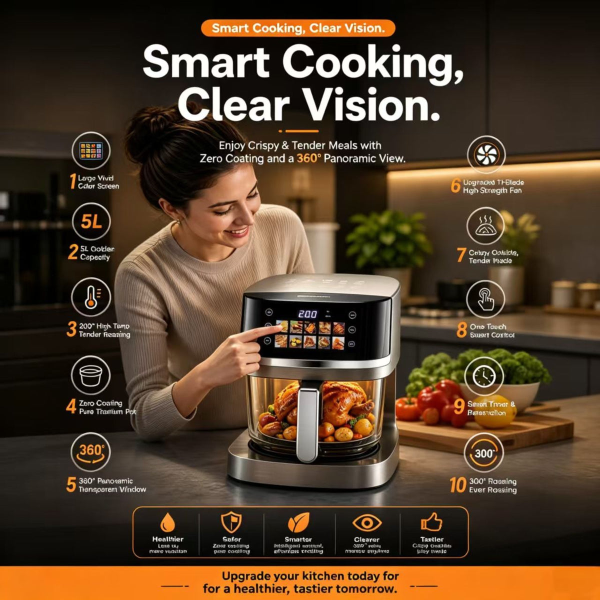 5L Smart Air Fryer with 360° Visible Glass Window, Zero-Coating Titanium Pot, Large Color Screen, One-Touch Control, 200° High-Temp Roasting for Healthy Crispy Meals.(Silver)