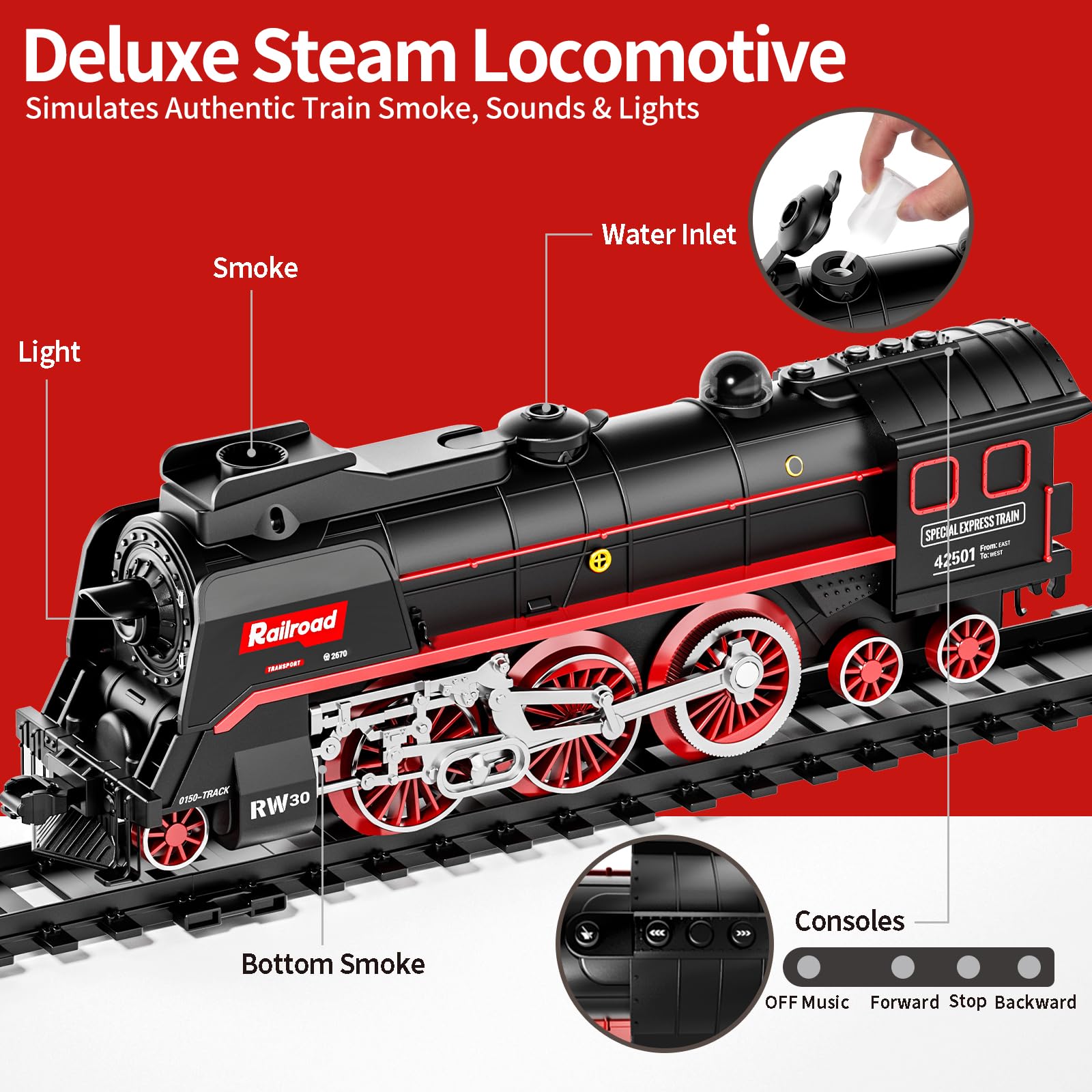Model Train Set, Remote Control Train Toys with 3Way Smoke Locomotive, 5 Train Cars, Luxury Track Kit, Authentic Train Sounds & Lights, Rechargeable Battery, Top Present for Train Lovers (Black)