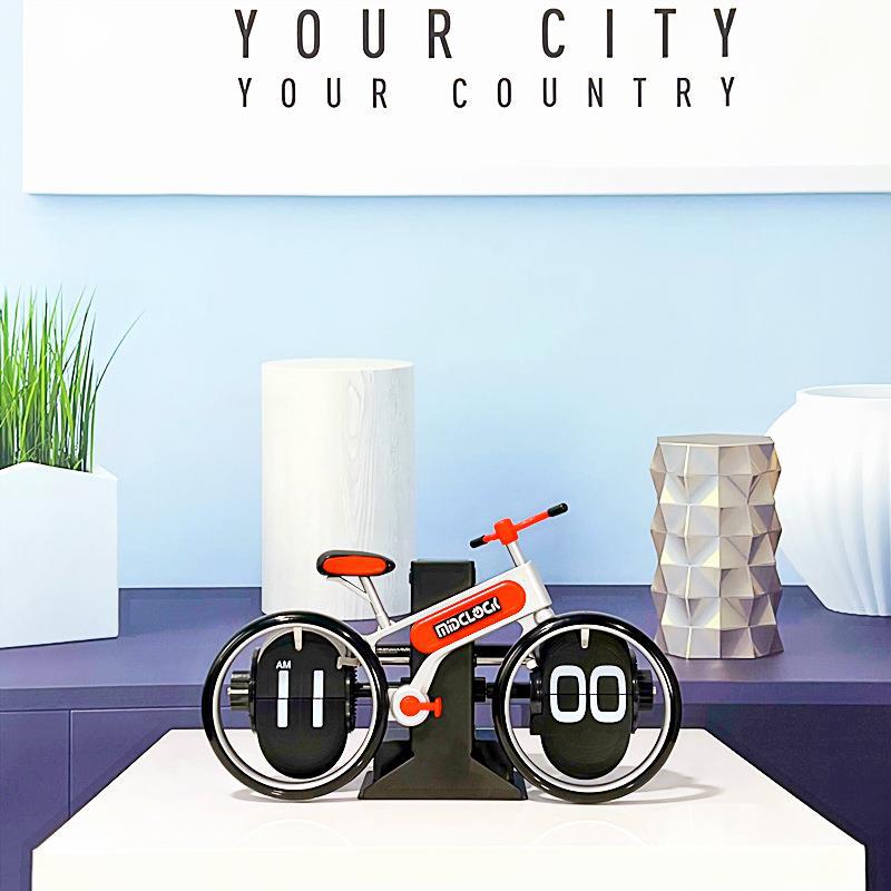 Modern Bicycle Flip Clock – Creative Mechanical Desk Timepiece with Dual Rotating Wheels, Retro Design for Home Office Decor, Compact Size (Red)