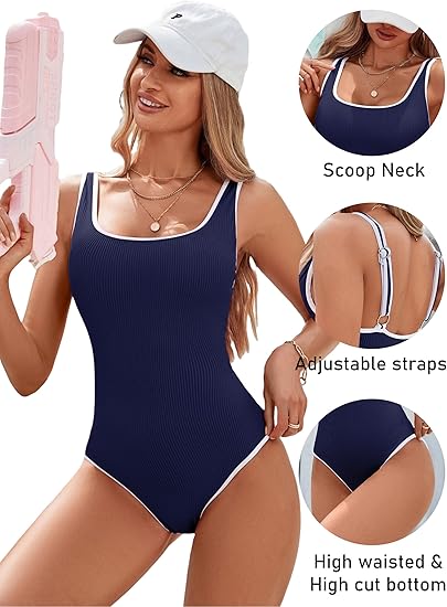 Women's Dark Blue One Piece Swimsuit with White Trim: Adjustable Strap, Ribbed, High Cut for Sports & Beach(M)