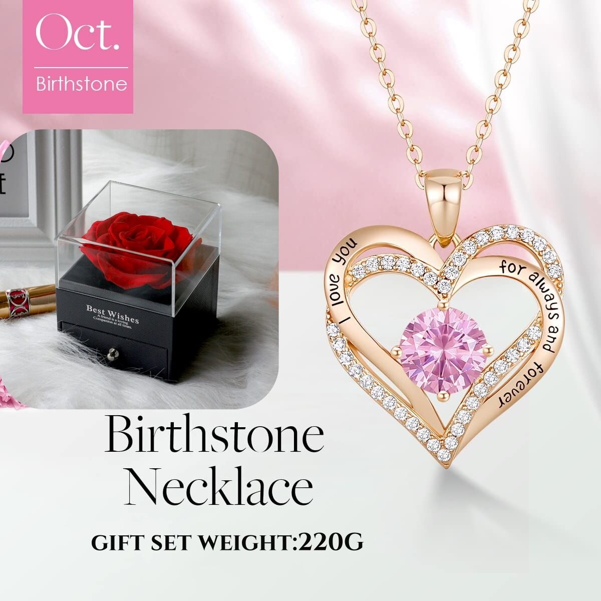 Forever Love Heart Birthstone Necklace: 925 Sterling Silver Personalized Jewelry for Mom, Wife, Friend with 12 Month Stone Options(pink diamond,October)