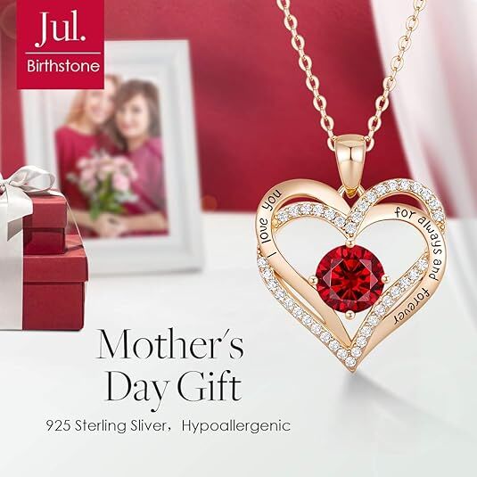 Forever Love Heart Birthstone Necklace: 925 Sterling Silver Personalized Jewelry for Mom, Wife, Friend with 12 Month Stone Options(red diamond,January)