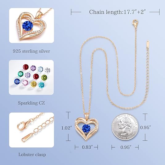 Forever Love Heart Birthstone Necklace: 925 Sterling Silver Personalized Jewelry for Mom, Wife, Friend with 12 Month Stone Options(blue diamond,December)