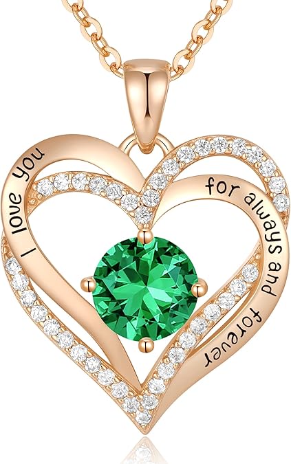 Forever Love Heart Birthstone Necklace: 925 Sterling Silver Personalized Jewelry for Mom, Wife, Friend with 12 Month Stone Options(green diamond,May)