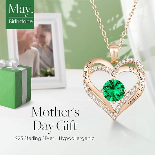 Forever Love Heart Birthstone Necklace: 925 Sterling Silver Personalized Jewelry for Mom, Wife, Friend with 12 Month Stone Options(green diamond,May)