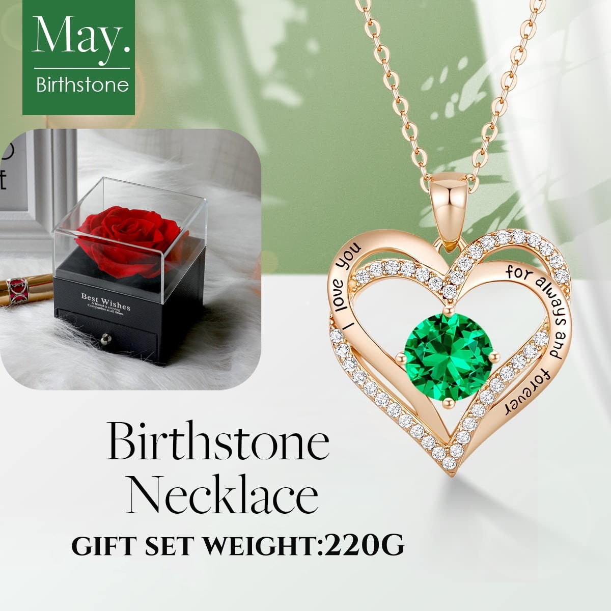 Forever Love Heart Birthstone Necklace: 925 Sterling Silver Personalized Jewelry for Mom, Wife, Friend with 12 Month Stone Options(green diamond,May)