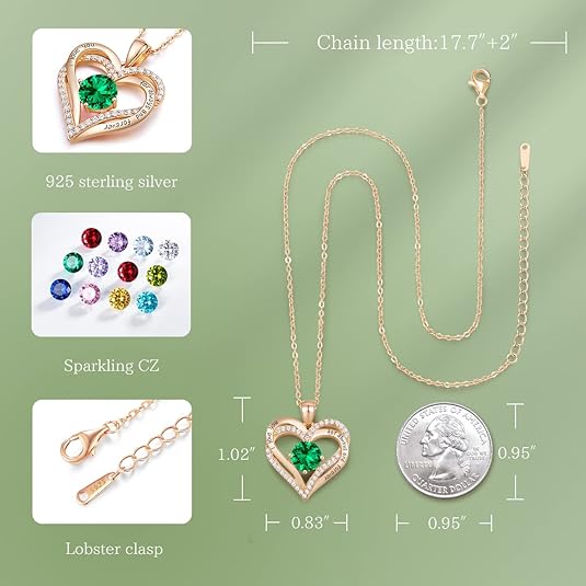 Forever Love Heart Birthstone Necklace: 925 Sterling Silver Personalized Jewelry for Mom, Wife, Friend with 12 Month Stone Options(green diamond,May)