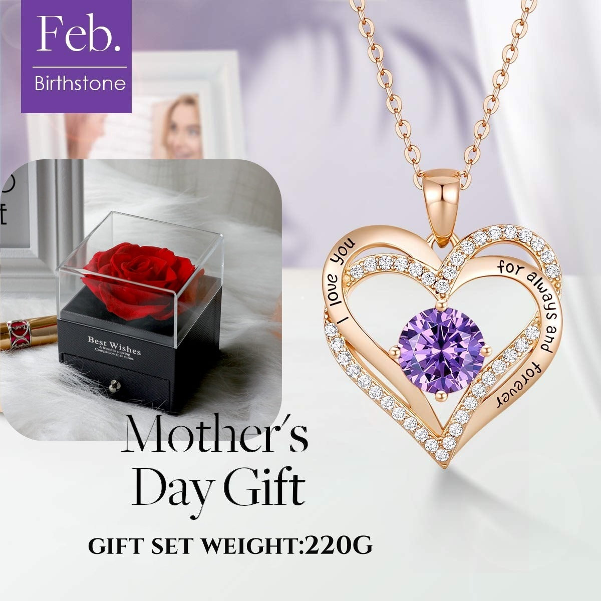 Forever Love Heart Birthstone Necklace: 925 Sterling Silver Personalized Jewelry for Mom, Wife, Friend with 12 Month Stone Options(purple diamond,February)