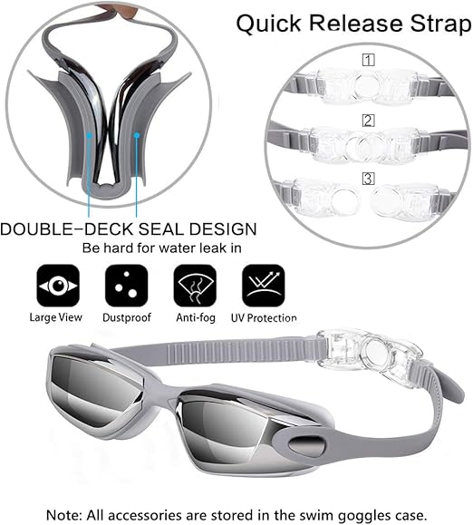 Gray Swim Goggles Set with Cap, Nose Clip, Earplugs & Case: Anti-Fog UV Protection for Men & Women