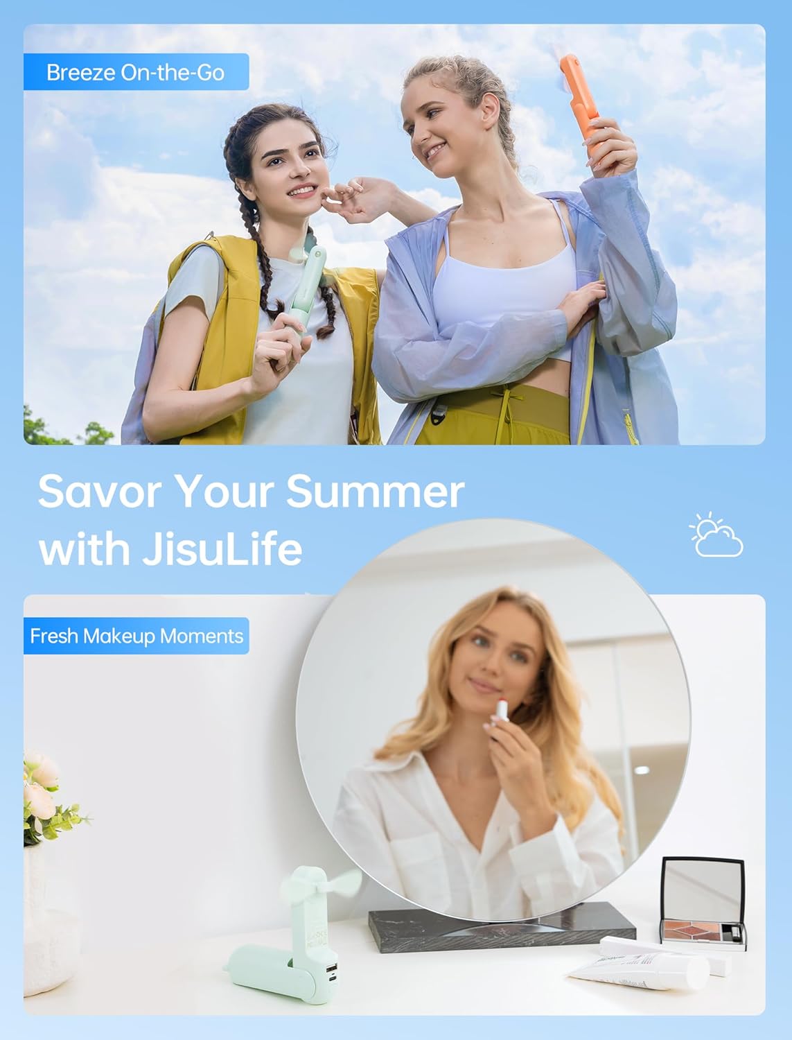 Handheld Mini Fan (Green), 3-in-1 USB Rechargeable Portable Fan with Power Bank & Flashlight, Pocket Design for Travel & Summer