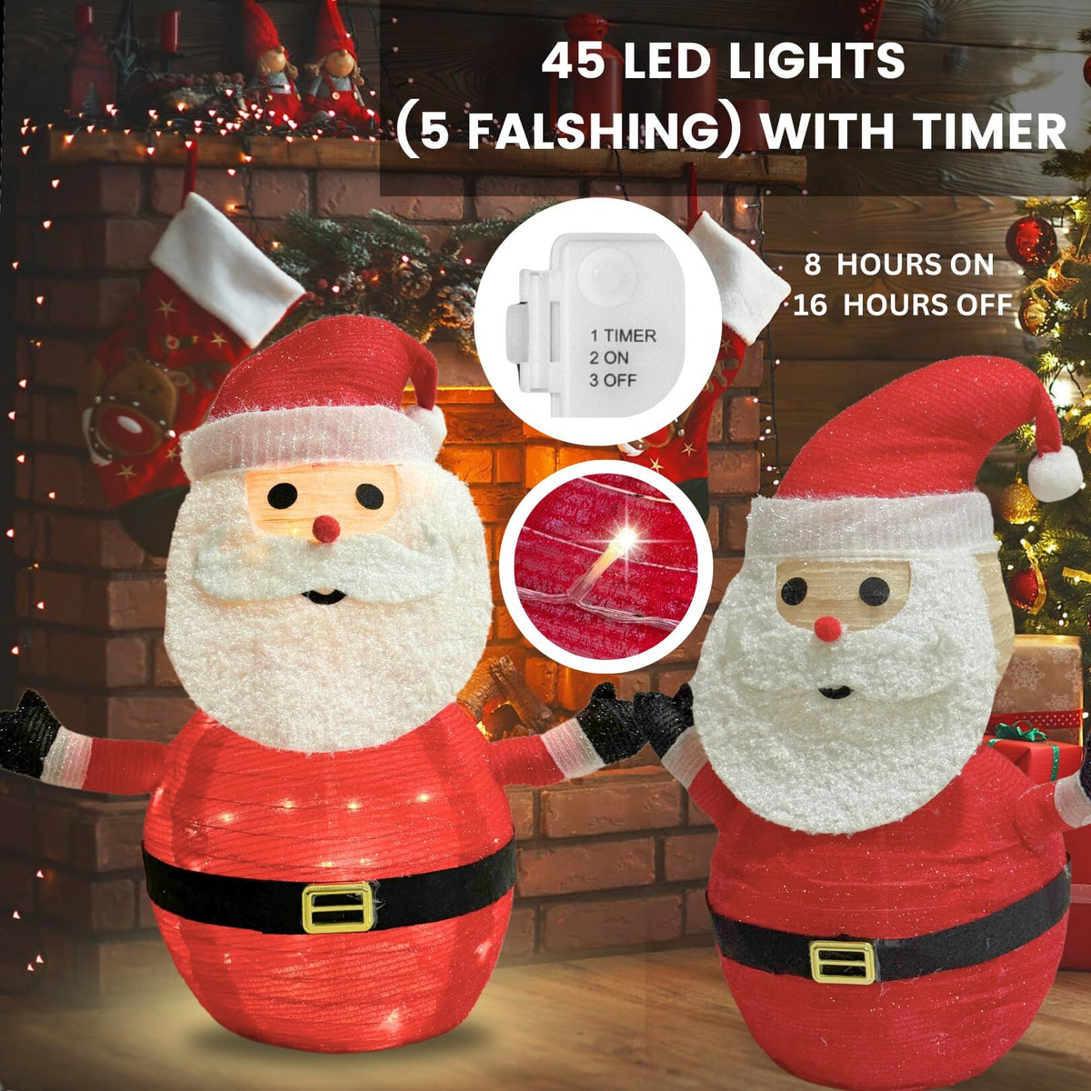 2-Pack Lighted Christmas Santa Claus Decoration Lantern, 45 LED Collapsible Pop-Up Ornament with 8 Light Modes & Timer, Indoor Outdoor Holiday Décor