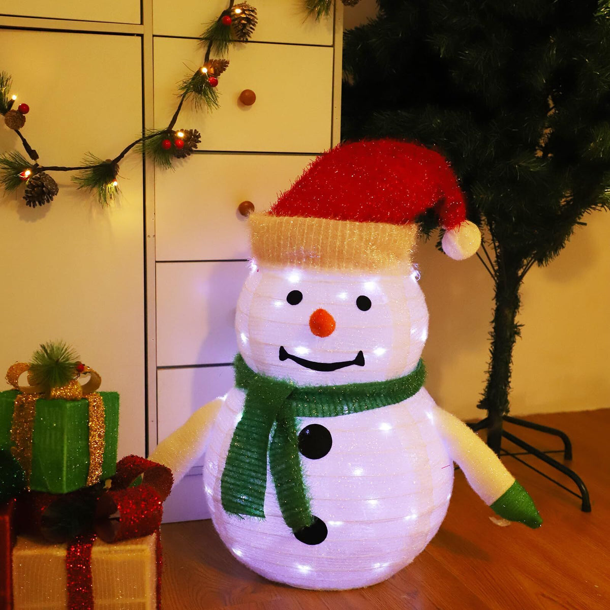 Lighted Christmas Snowman Decoration Lantern, 45 LED Collapsible Pop-Up Ornament with 8 Light Modes & Timer, Indoor Outdoor Holiday Décor