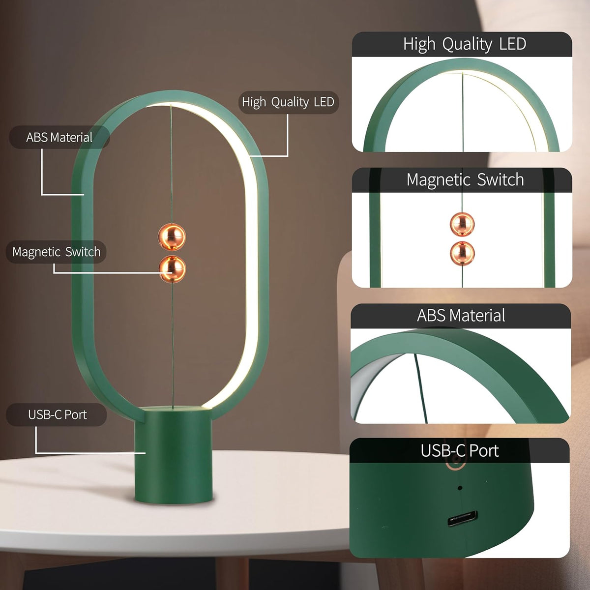 Green Magnetic Balance LED Table Lamp: USB-Powered, Dimmable Eye-Care Light with Award-Winning Design for Australian Homes & Offices