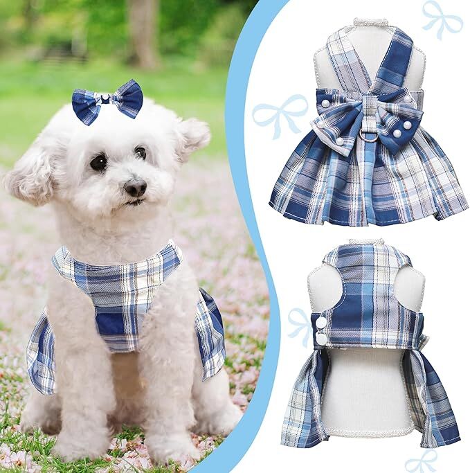 Pet products Dog Dress Bowknot Harness Leash Set for Small Dogs Girl Cute Plaid Dog Dress Pearls Bow Tie Spring Summer Princess Clothes Birthday Holiday Doggie Outfits for Puppy Cats Girl Apparel