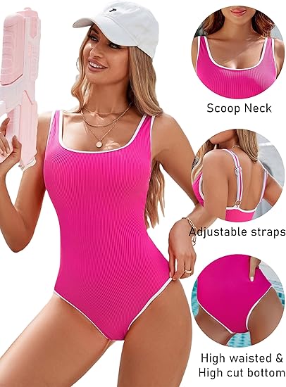 Women's Red One Piece Swimsuit with White Trim: Adjustable Strap, Ribbed, High Cut for Sports & Beach(XL)