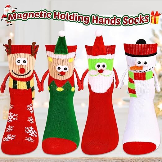 4 Pairs Christmas Socks, Crazy Holiday Hand Holding Socks Funny Christmas Stocking Stuffers
