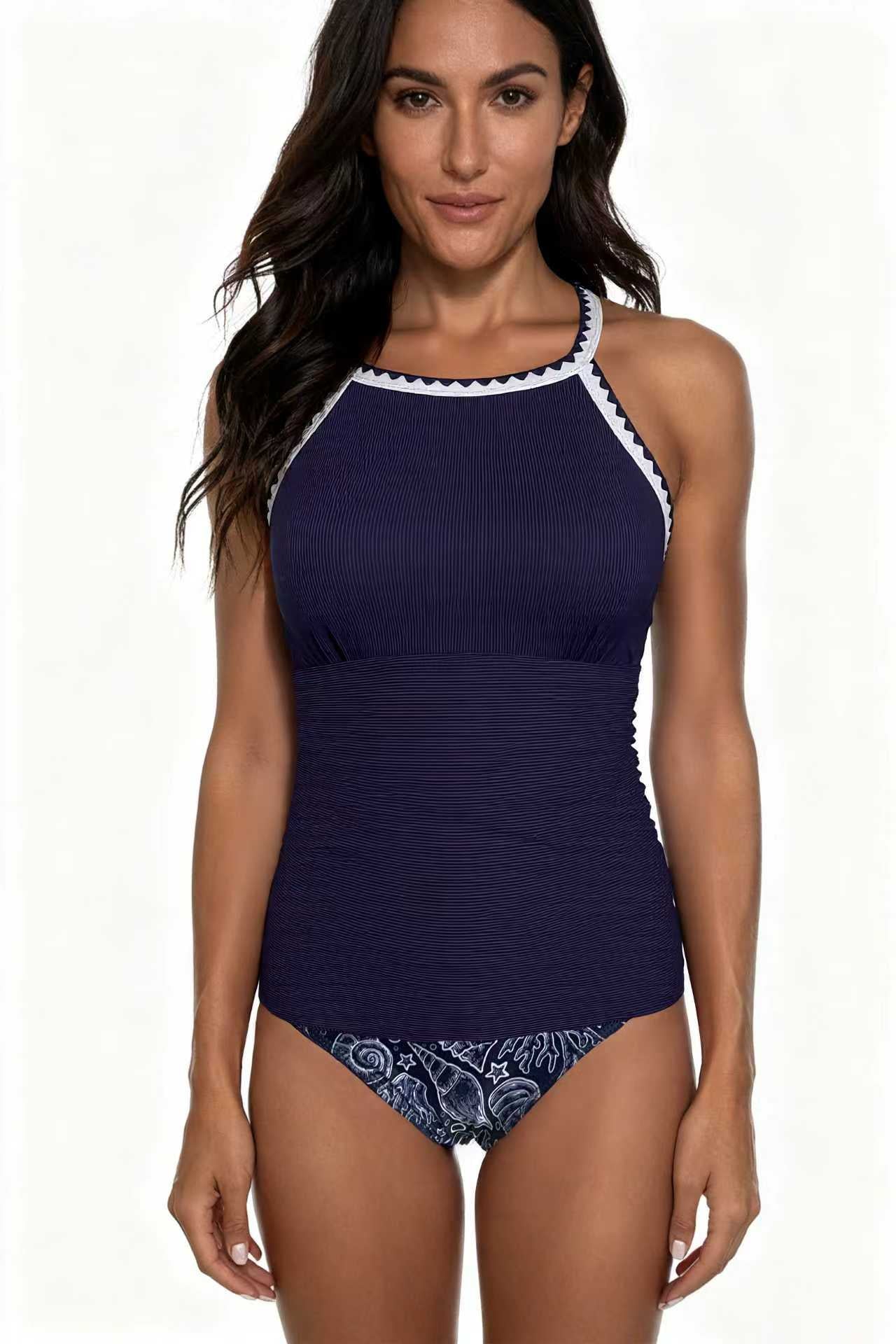Spot Eco-friendly Fabric Navy Round Neck Swimsuit Sexy Tankini Size XL