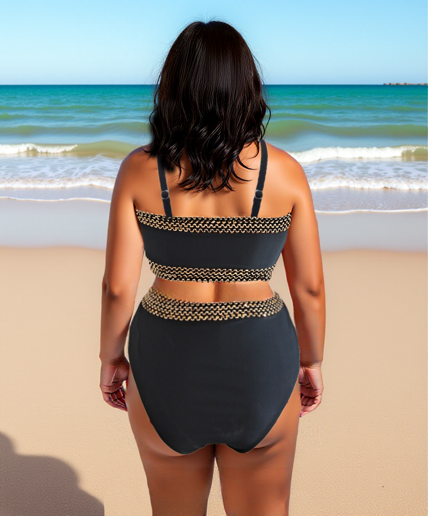 Black Rose Leopard Mesh Trim 2pcs Bikini Swimsuit Set for Women Plus Size Size 3XL