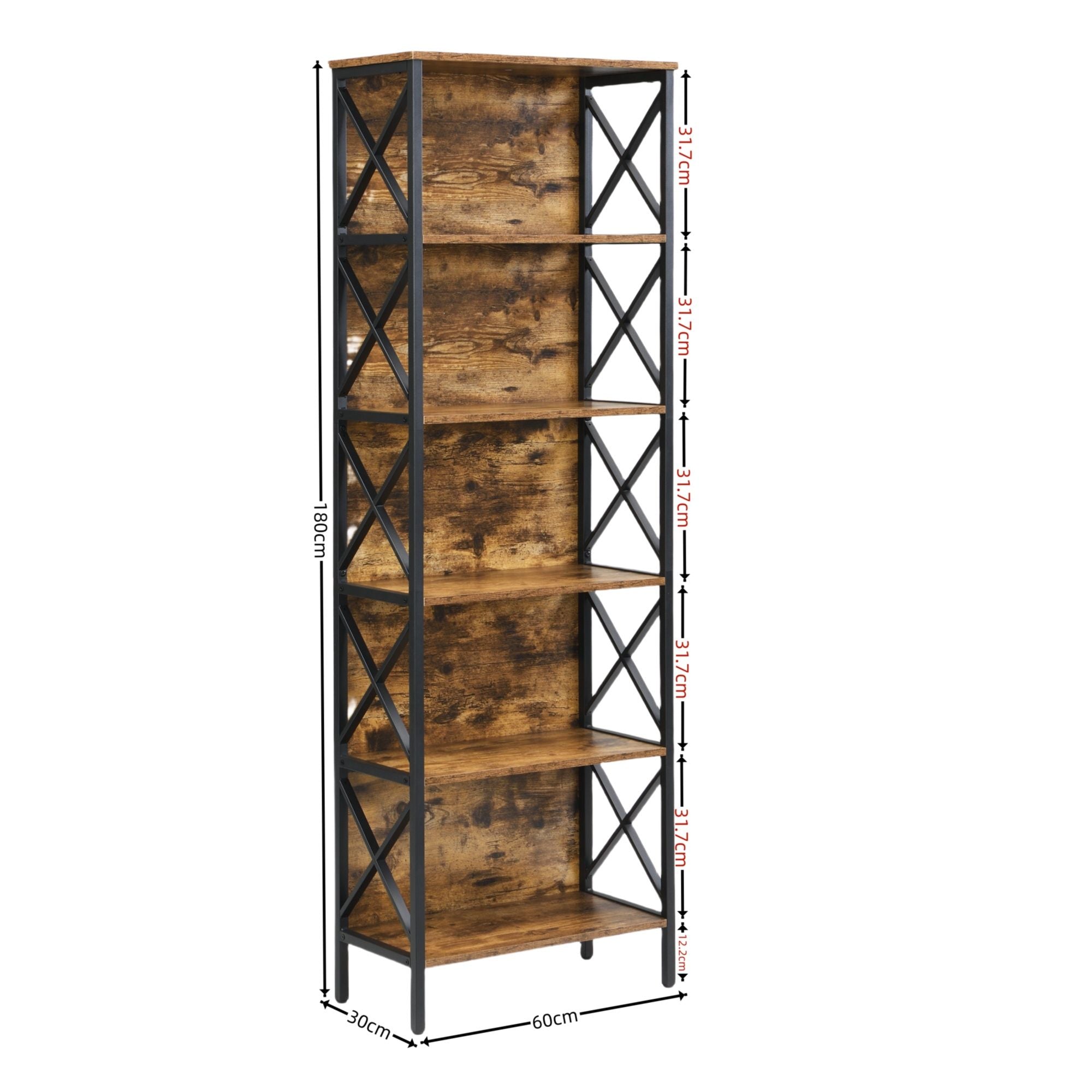6 Tier Tall Bookshelf, Rustic Brown