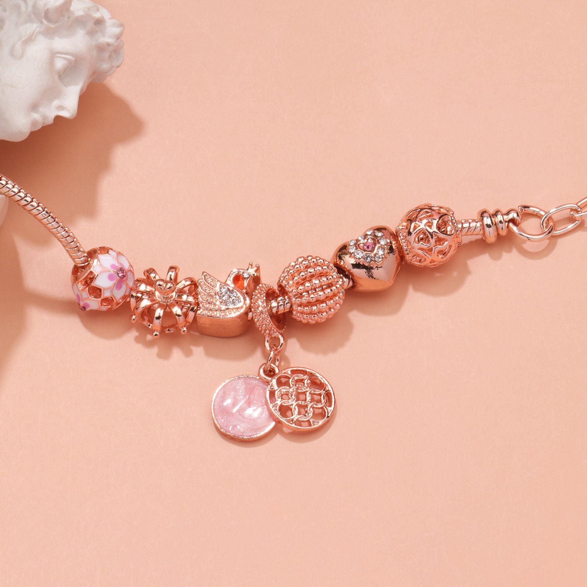 Hollow Crystal-Encrusted Swan Crown Flower Heart Bracelet(rose gold,19cm)